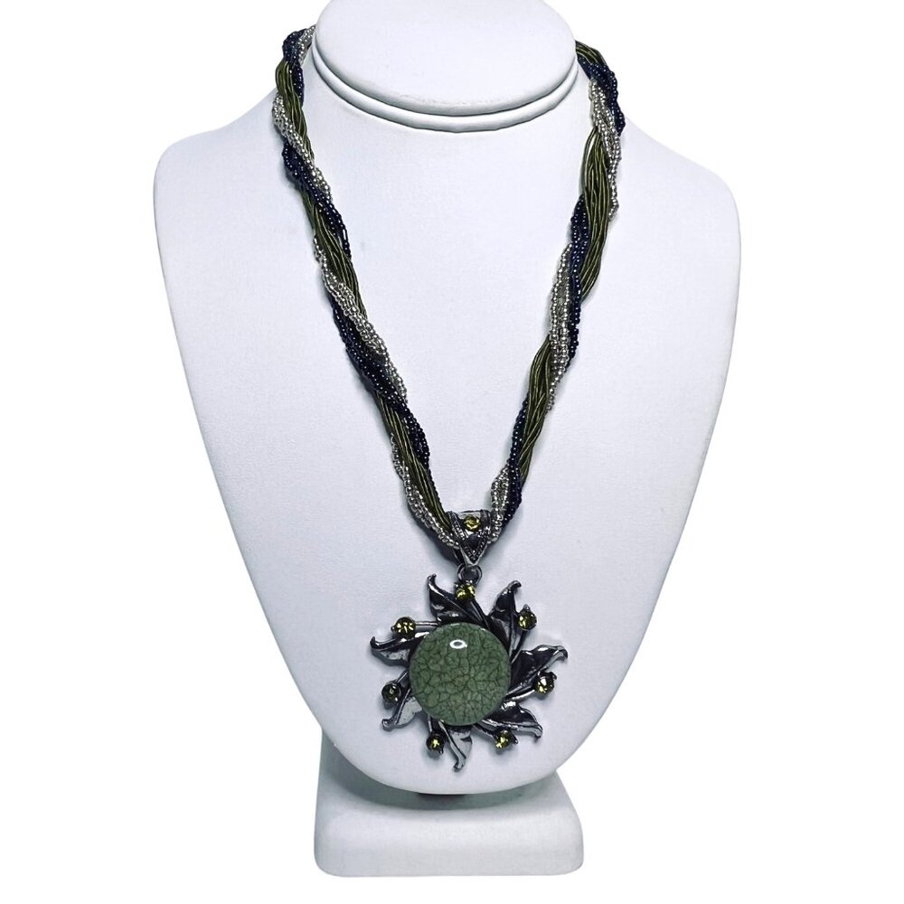 Twisted Multi Strand Seed Bead Necklace With Green Sun Pendant (5888)